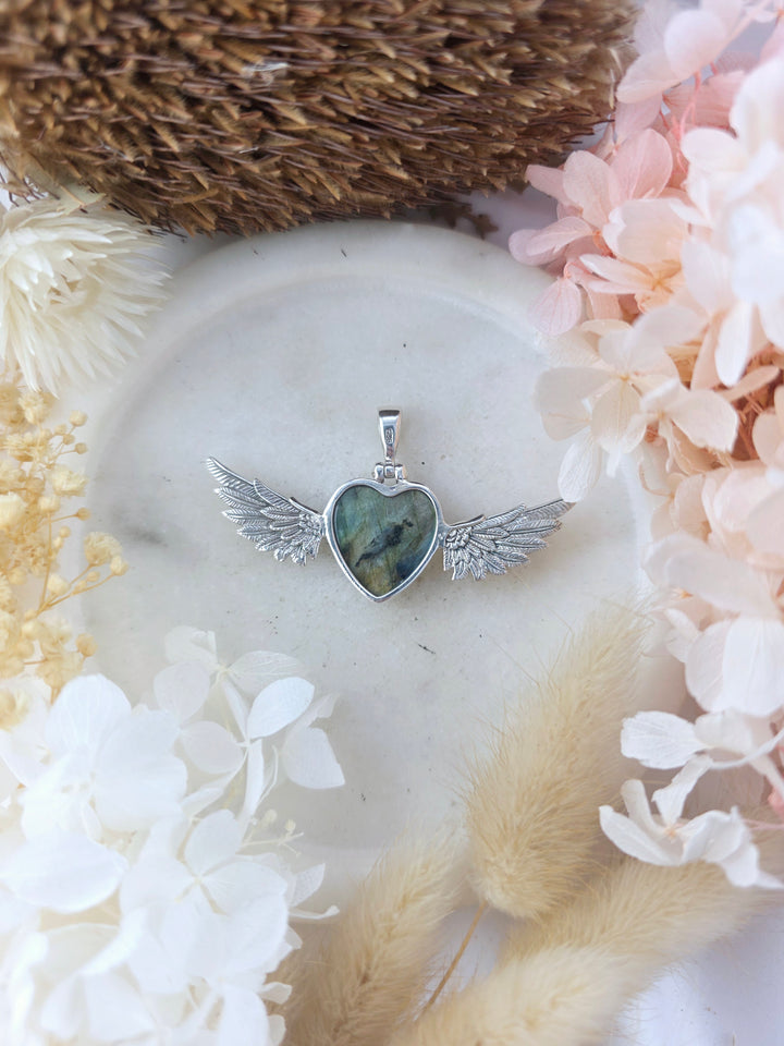Labradorite Heart Winged Goddess Silver Pendant