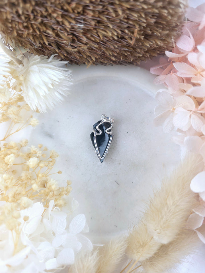 Black Obsidian Arrowhead Silver Pendant