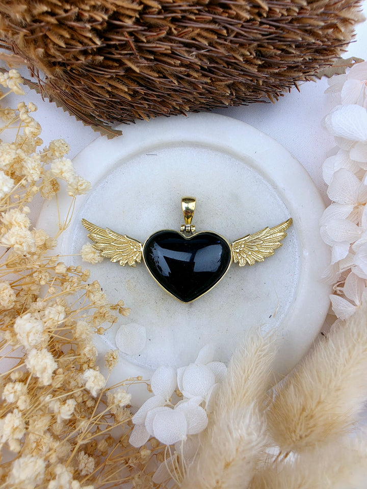 Black Obsidian Heart Anahata Brass Pendant