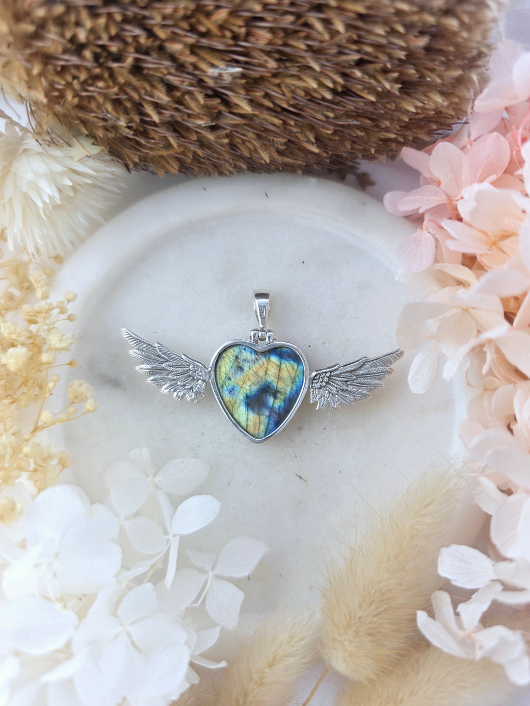 Labradorite Heart Winged Goddess Silver Pendant