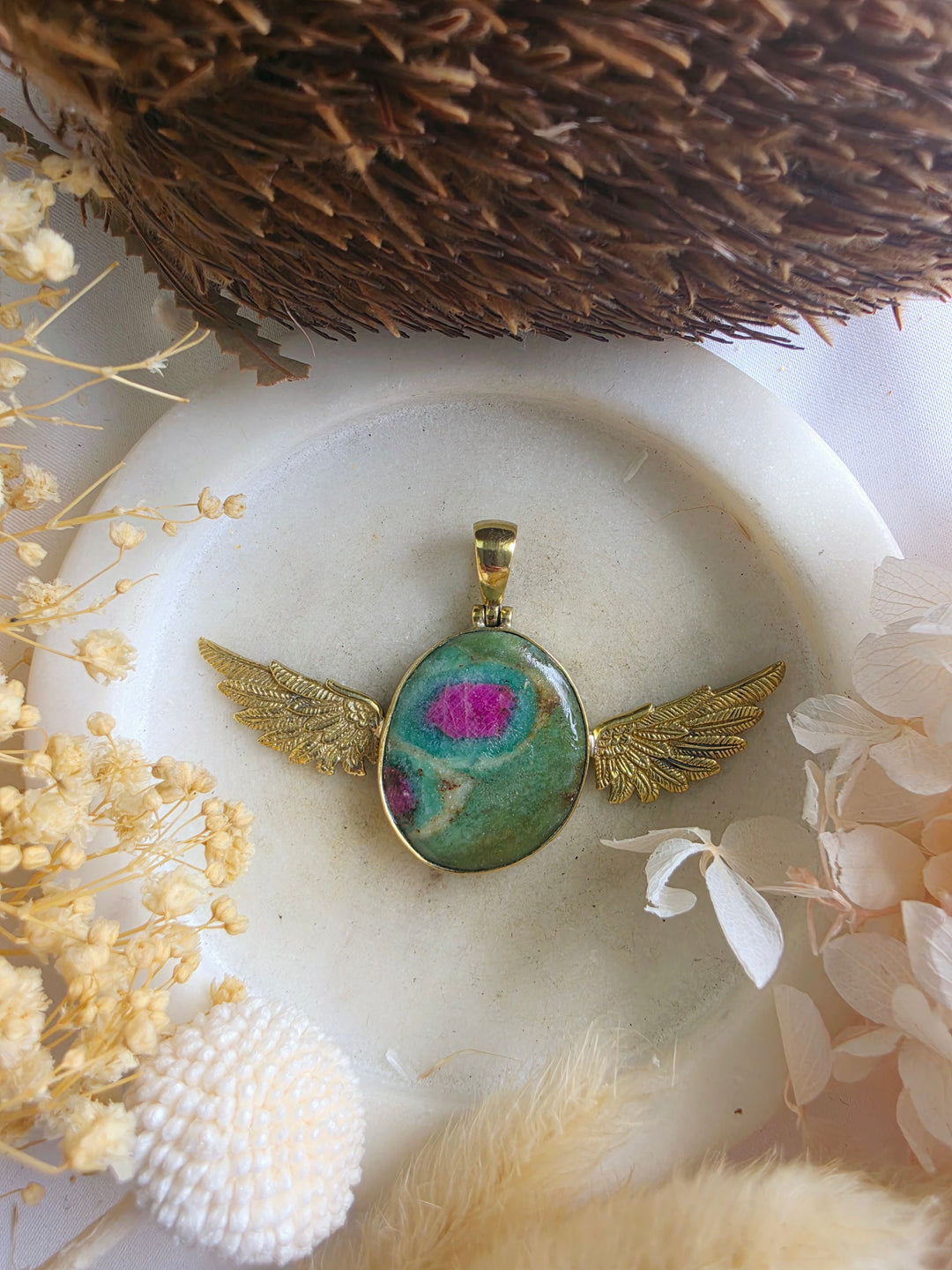 Ruby Fucshite Anahata Brass Pendant