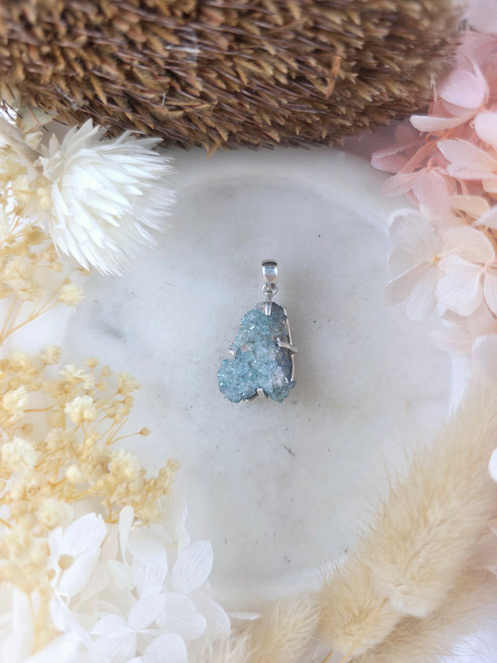 Aqua Aura Cluster Silver Pendant