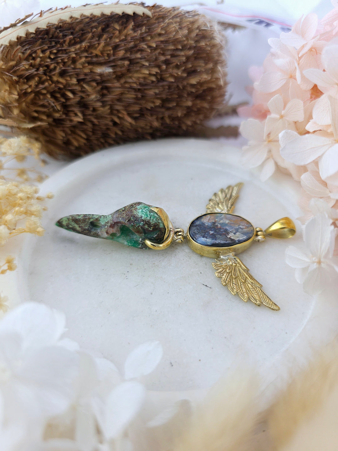 Chrysoprase Raven Skull with Opal Winged Brass Pendant