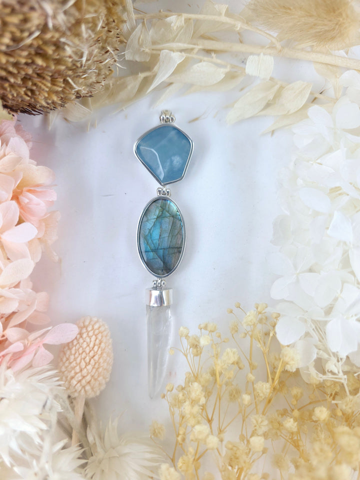 Aquamarine, Labradorite & Clear Quartz Wand Silver Pendant