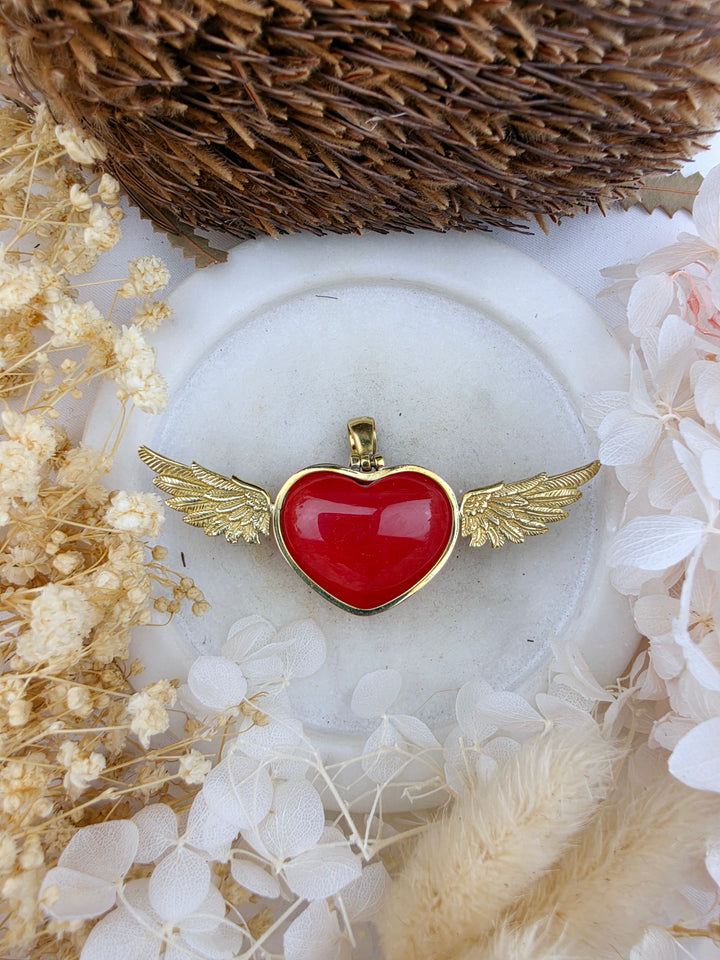 Red Cats Eye Heart Anahata Brass Pendant