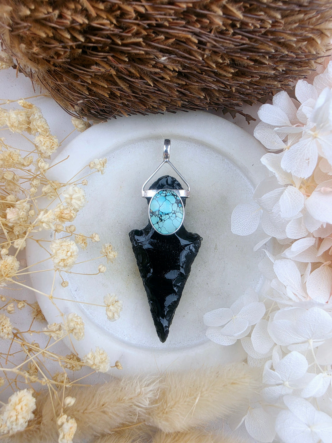 Black Obsidian Arrowhead & Turquoise Silver Protector Pendant