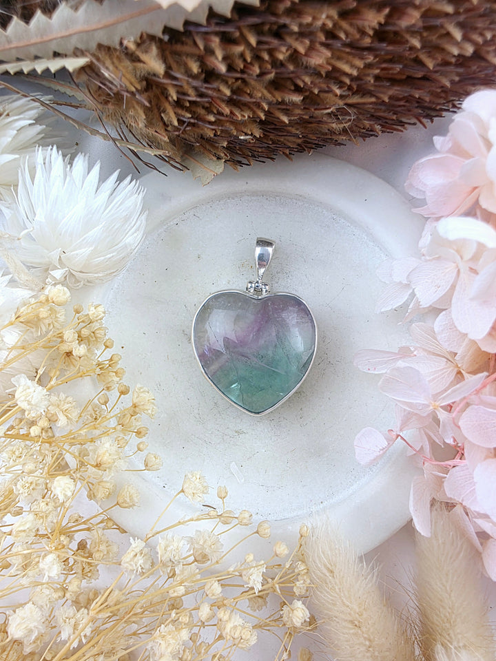Rainbow Fluorite Heart Silver Pendant