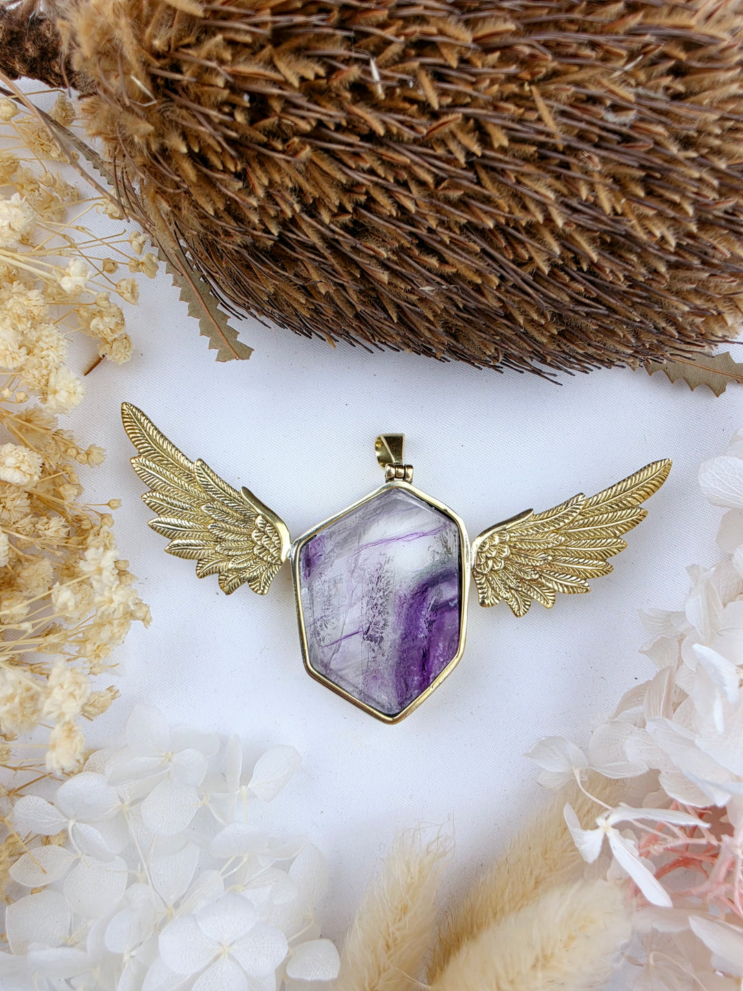 Rainbow Fluorite Large Anahata Brass Pendant