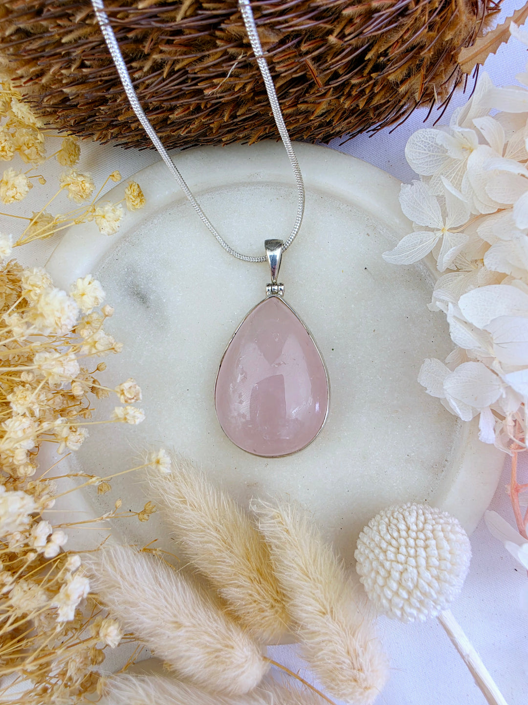 Rose Quartz Tear Drop Silver Pendant — Love Returns