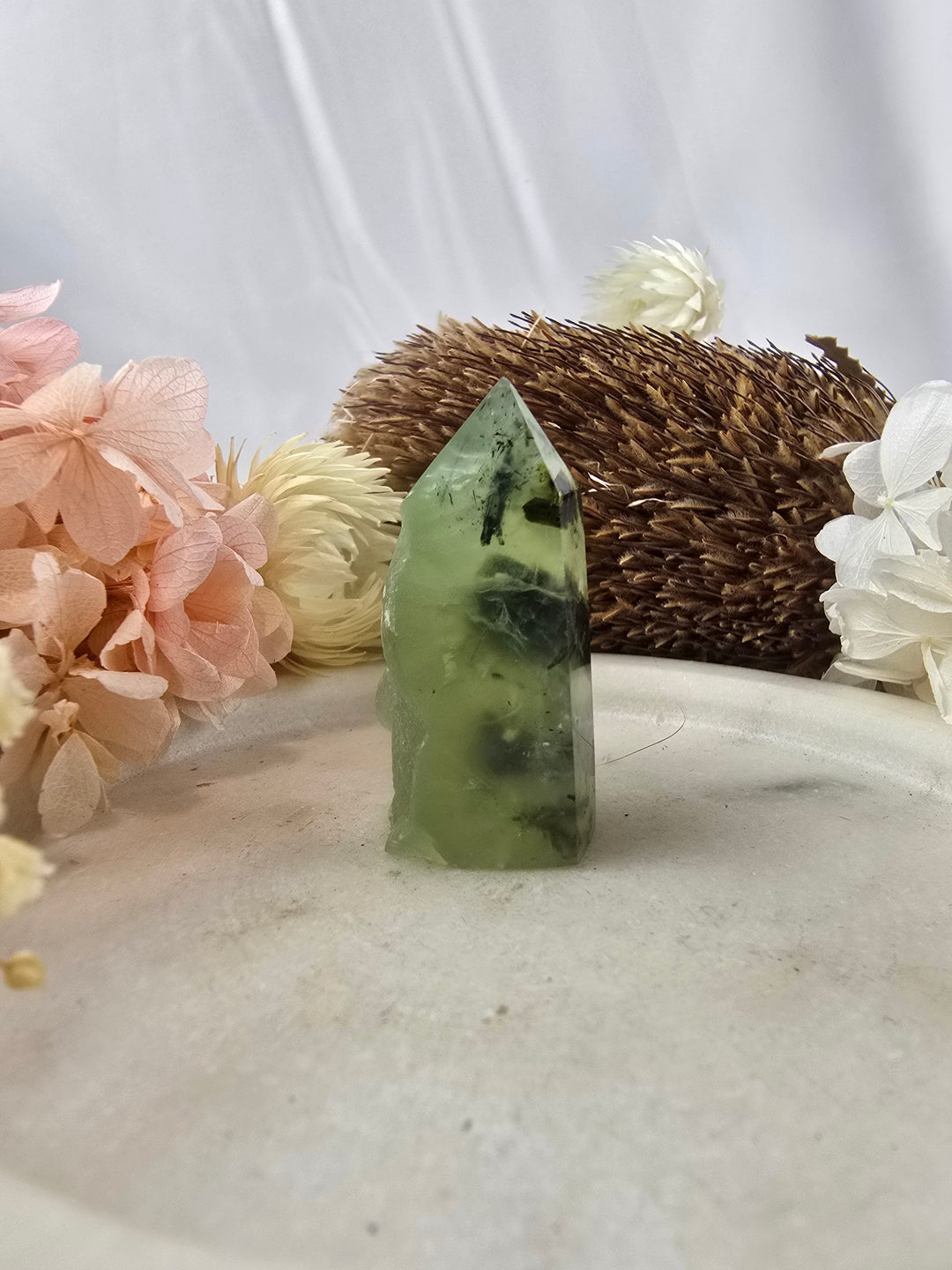 Prehnite with Black Tourmaline & Epidote Tower