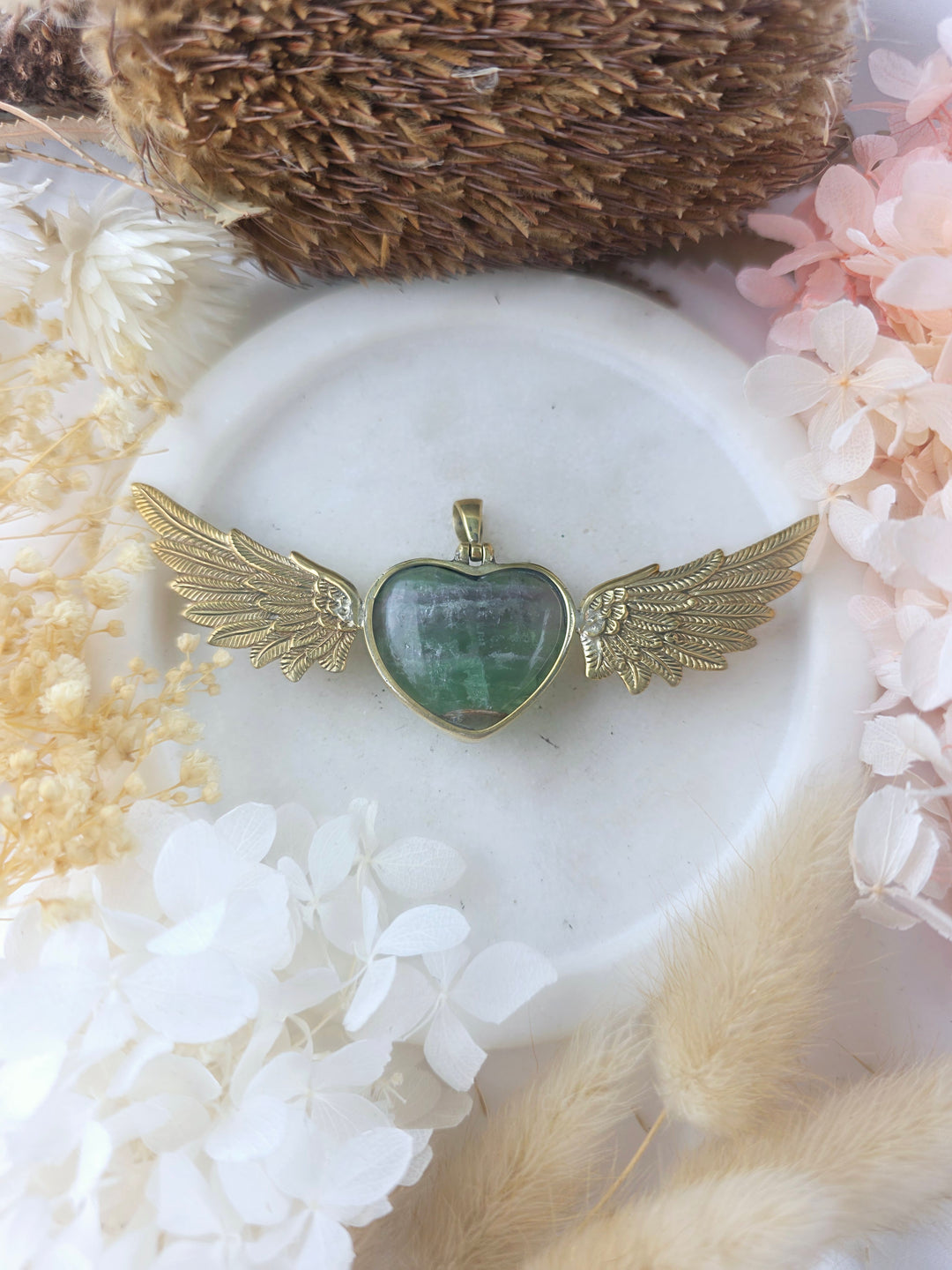Rainbow Fluorite Heart Brass Winged Goddess Pendant