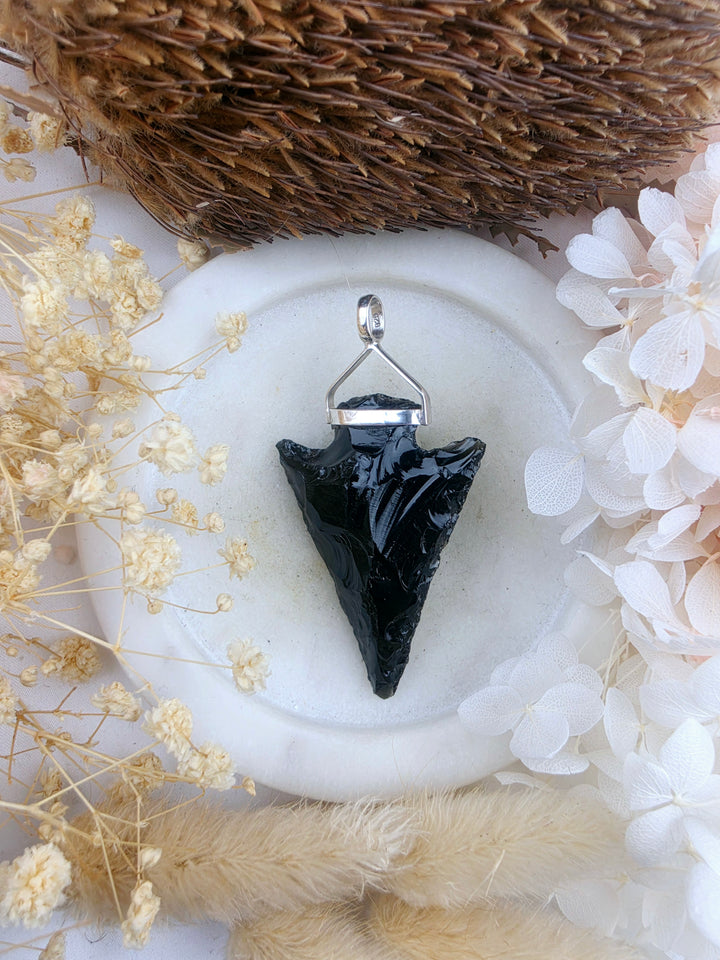Black Obsidian Arrowhead & Malachite Silver Protector Pendant