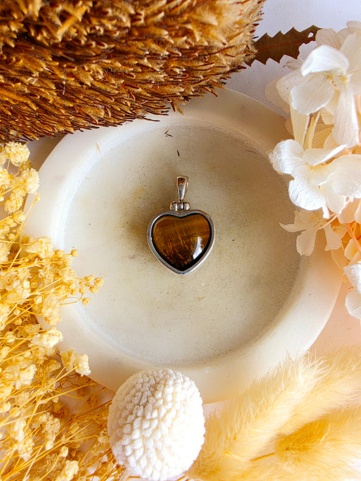 Tigers Eye Heart Silver Pendant