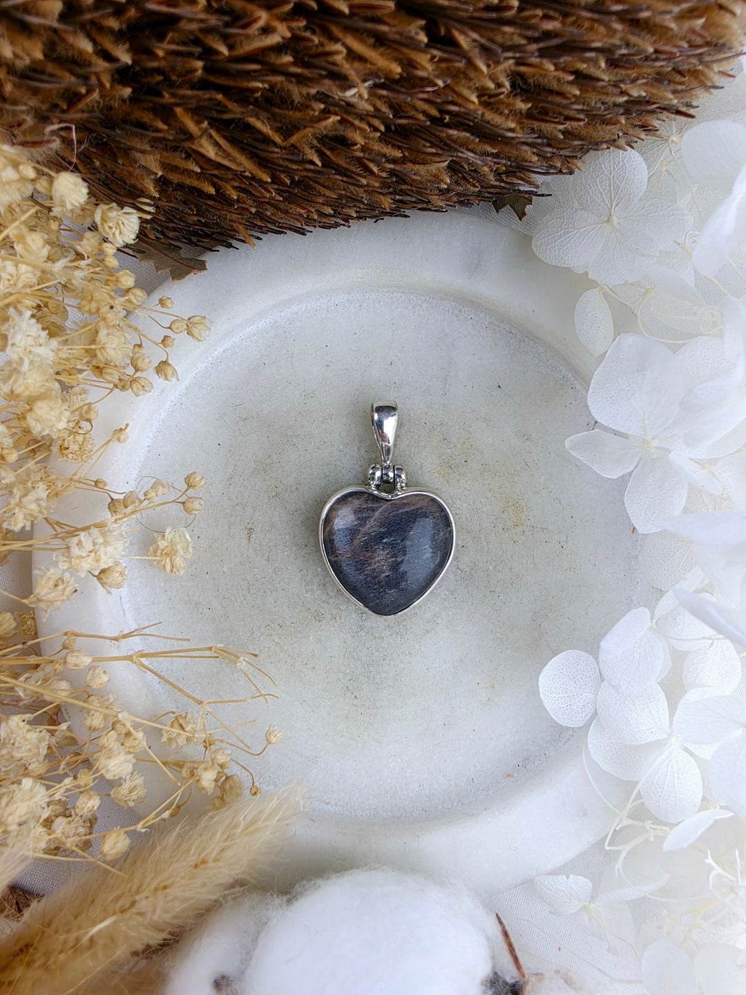 Black Moonstone Heart Silver Pendant