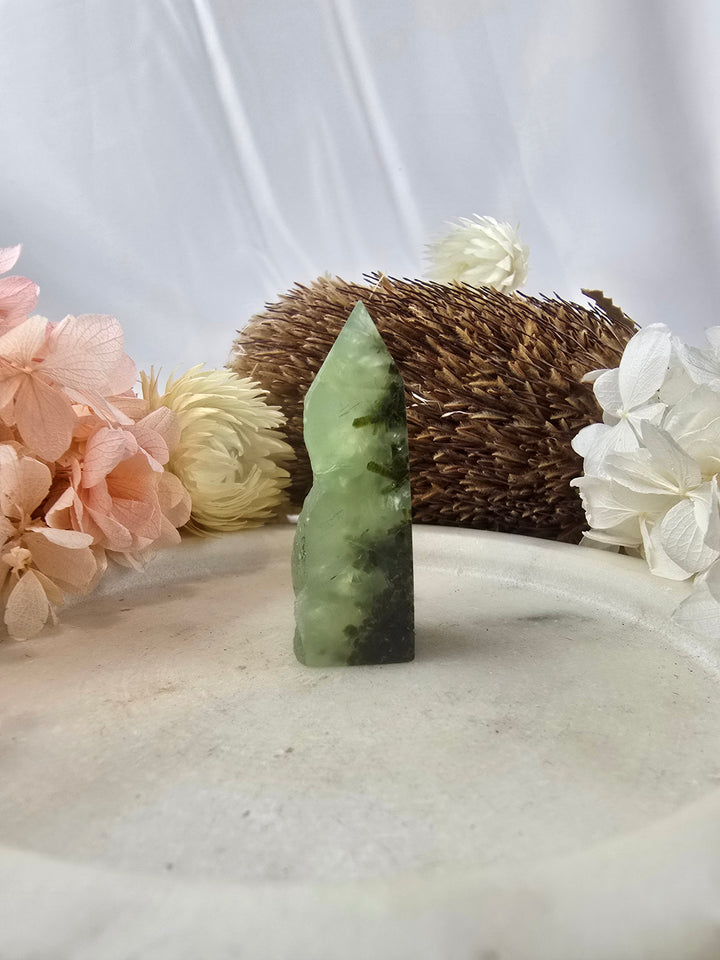 Prehnite with Black Tourmaline & Epidote Tower