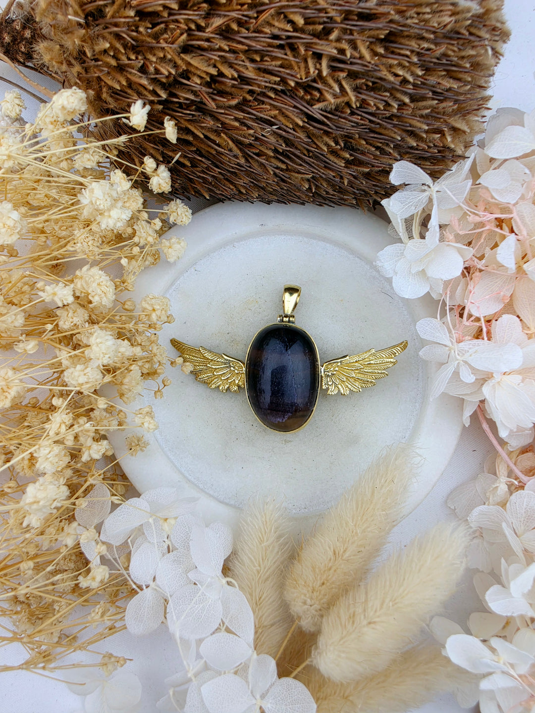 Rainbow Fluorite Anahata Brass Pendant