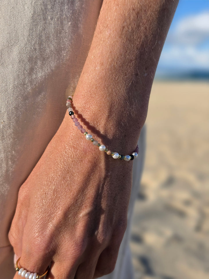 Watermelon Tourmaline Faceted Pearl Bracelet - 4mm (Adjustable Chain)