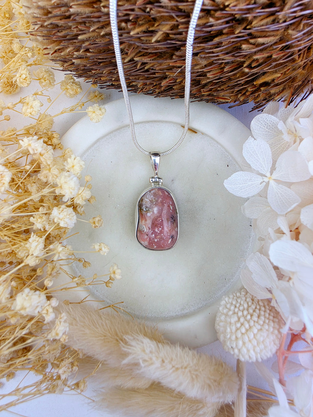 Pink Opal Tumbled Silver Pendant