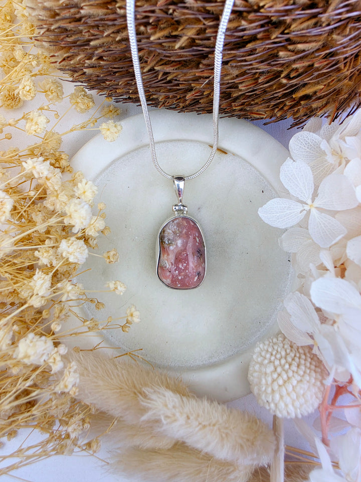 Pink Opal Tumbled Silver Pendant