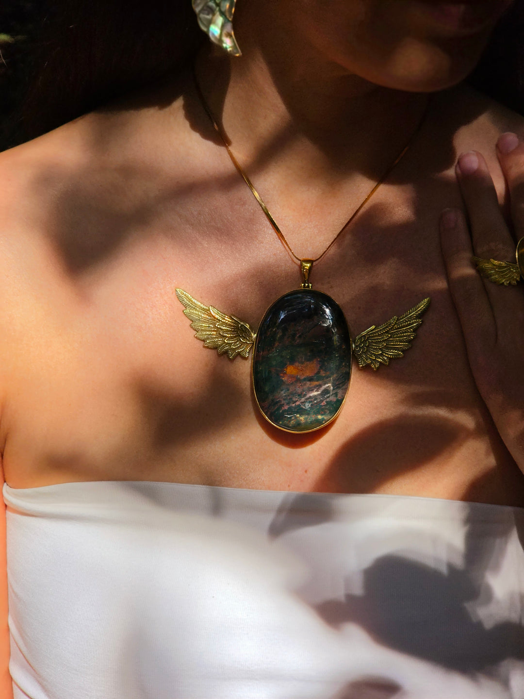Bloodstone Jasper Large Anahata Brass Pendant