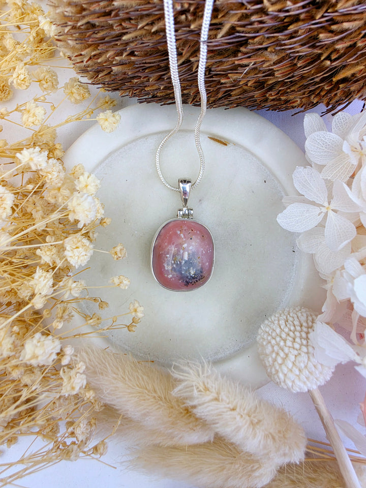 Pink Opal Tumbled Silver Pendant