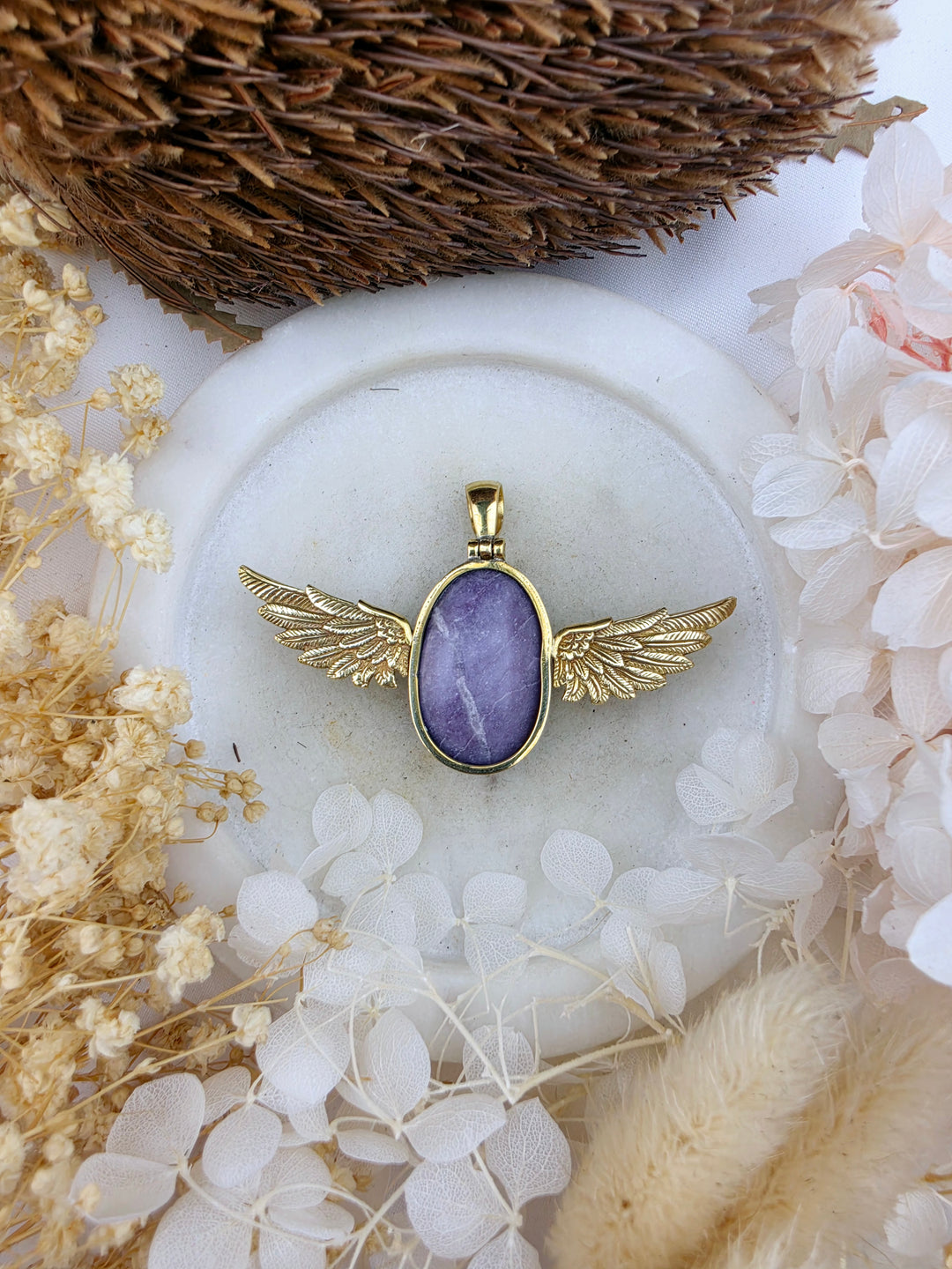 Lepidolite Anahata Brass Pendant