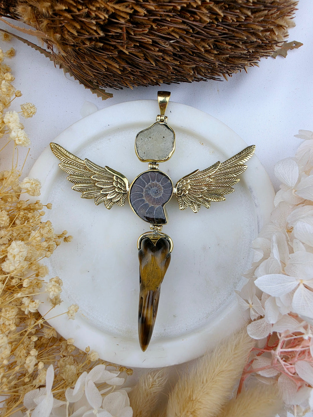 Libyan Desert Glass, Ammonite & Tigers Eye Raven Skull Anahata Brass Pendant