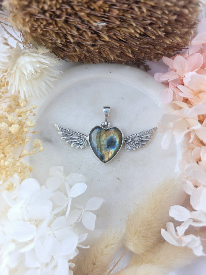 Labradorite Heart Winged Goddess Silver Pendant