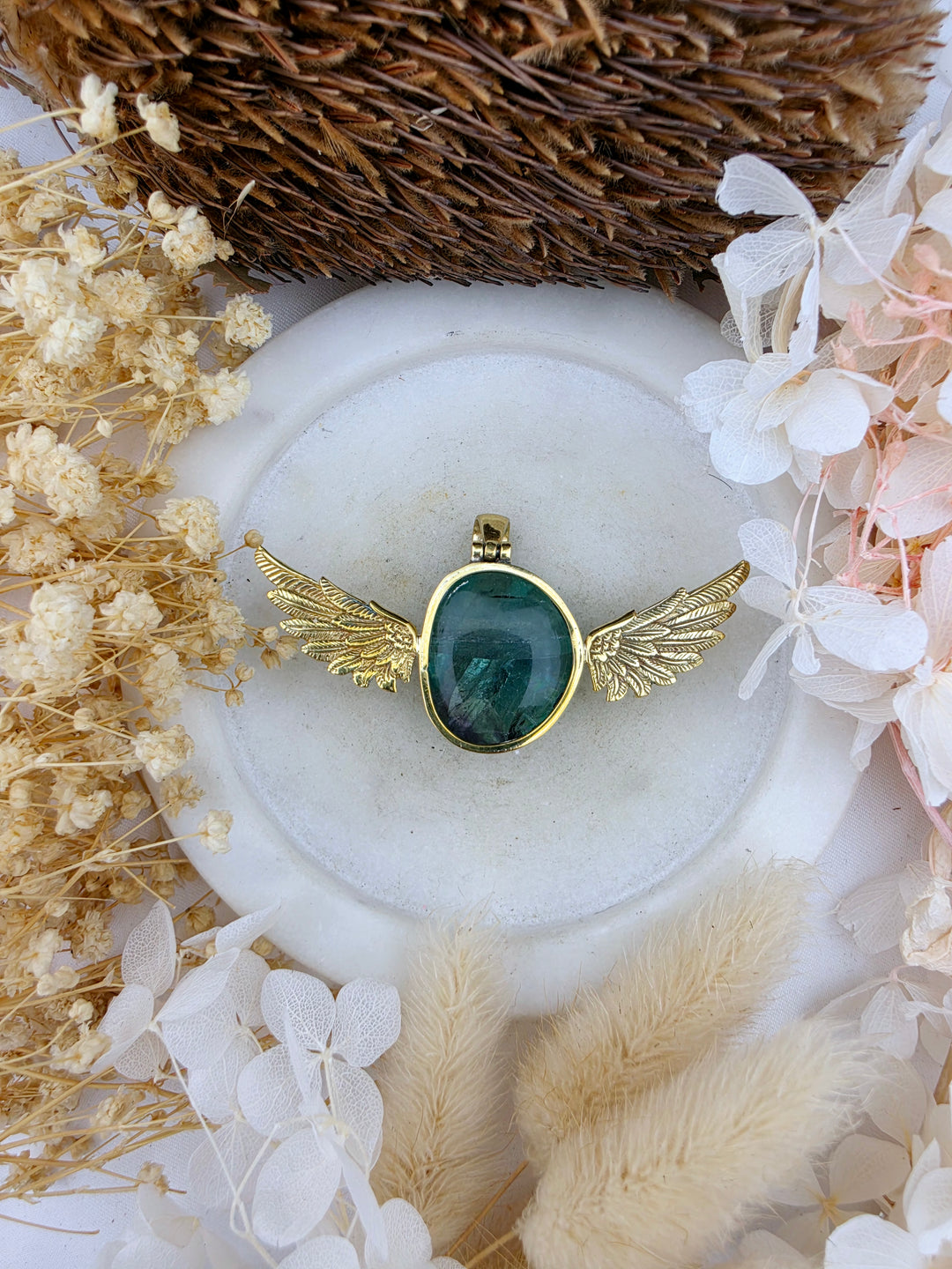 Green Fluorite Anahata Brass Pendant