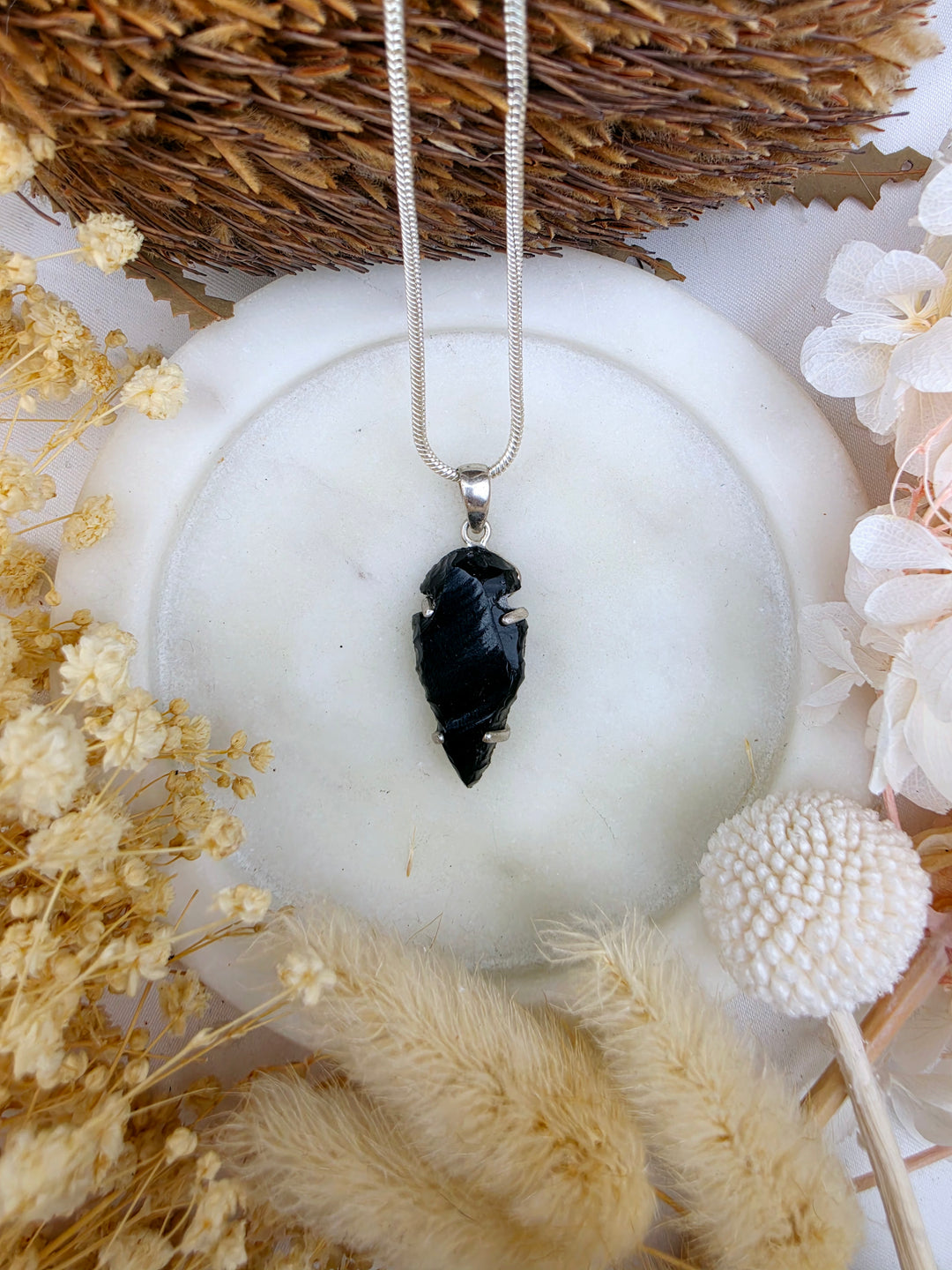 Black Obsidian Arrowhead Silver Pendant