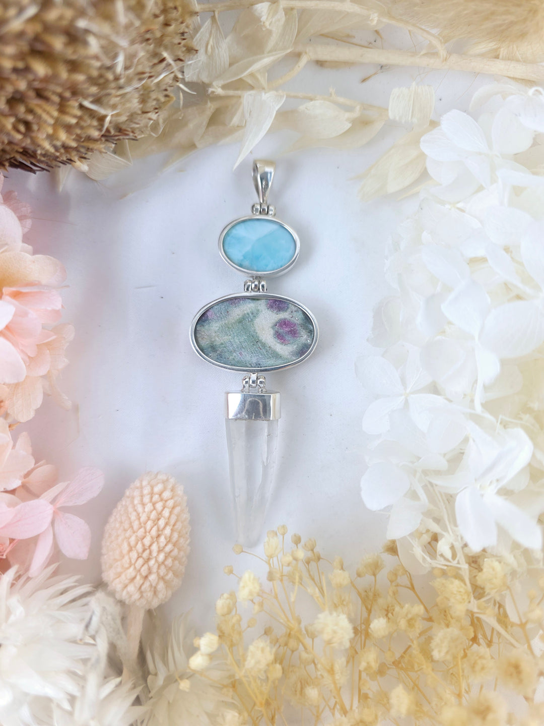 Larimar, Ruby Fuchsite & Clear Quartz Silver Pendant