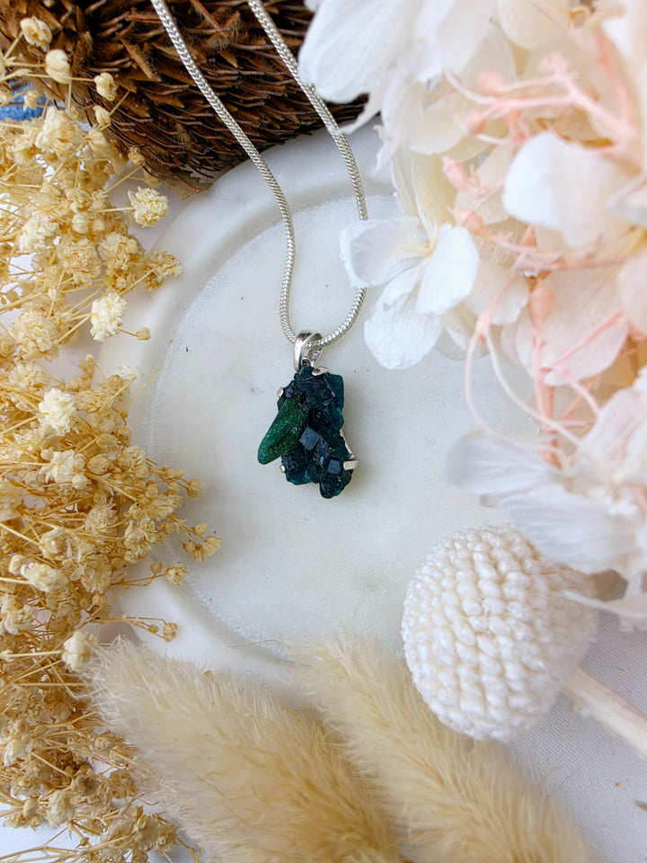Dioptase with Malachite Natural Cluster Silver Pendant