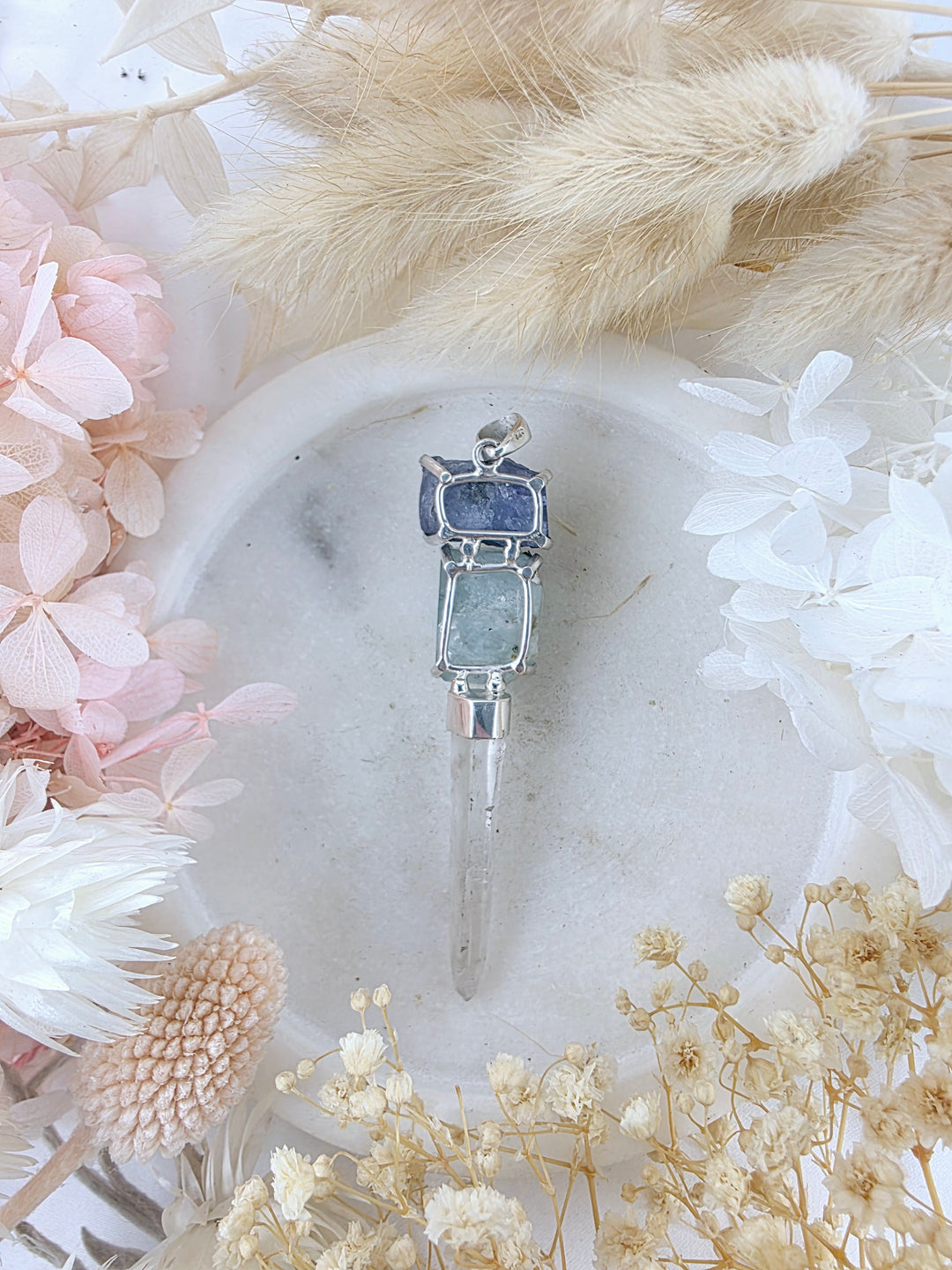 Aquamarine, Tanzanite & Clear Quartz Wand Silver Pendant