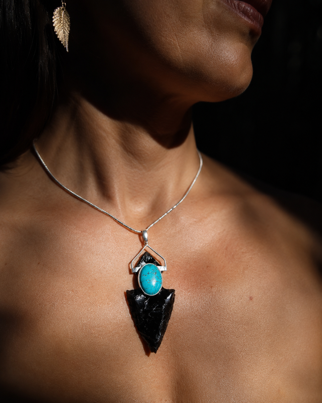 Black Obsidian Arrowhead & Turquoise Silver Protector Pendant