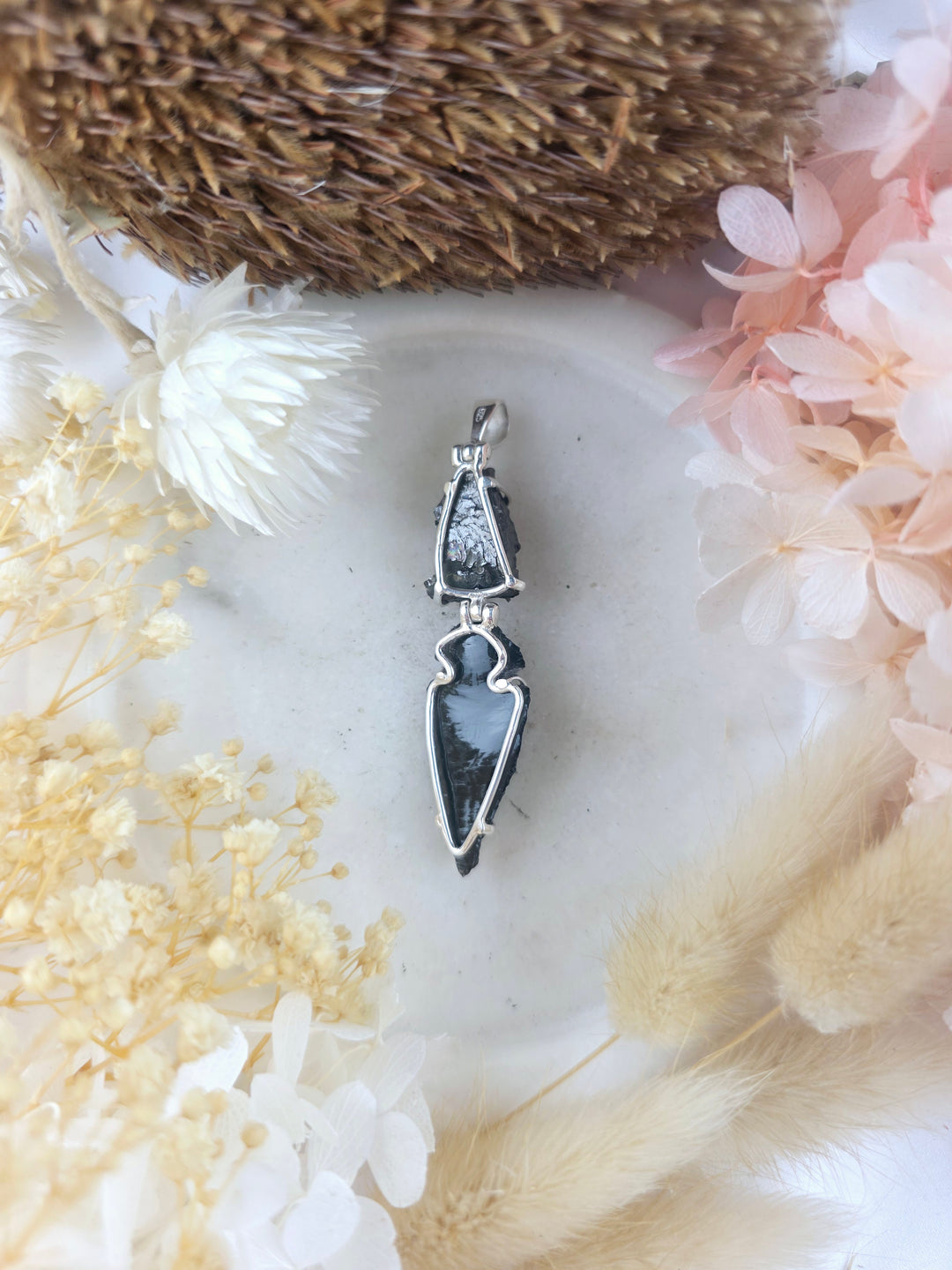 Black Obsidian Arrowhead & Shungite Silver Pendant