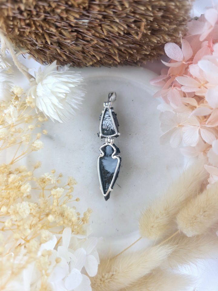 Black Obsidian Arrowhead & Shungite Silver Pendant