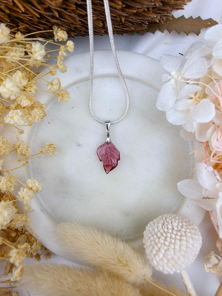 Pink Tourmaline Leaf Silver Pendant