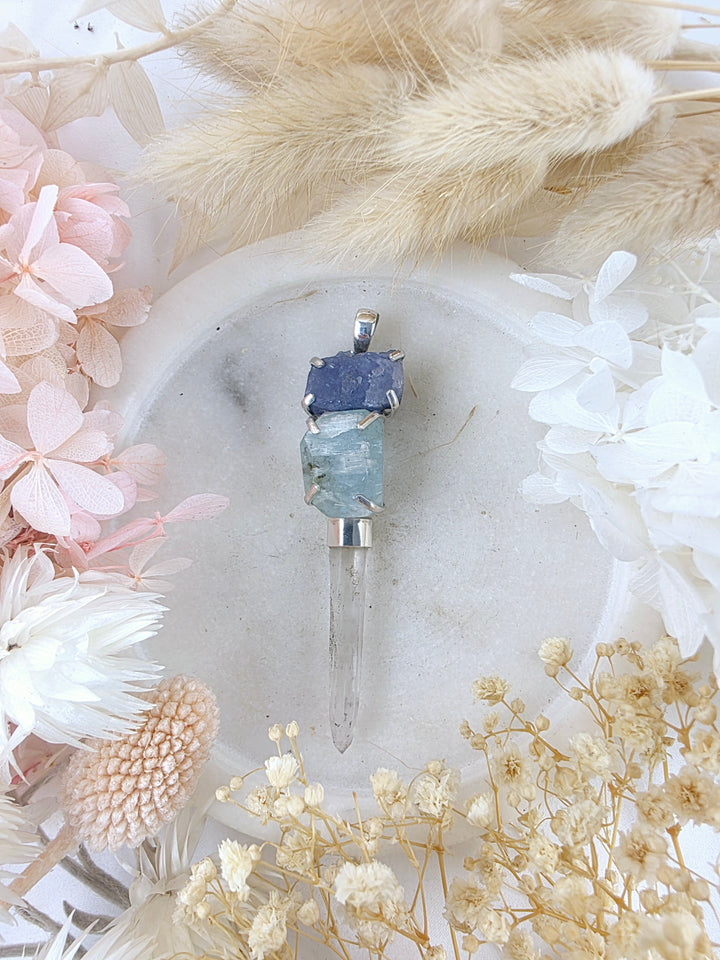 Aquamarine, Tanzanite & Clear Quartz Wand Silver Pendant