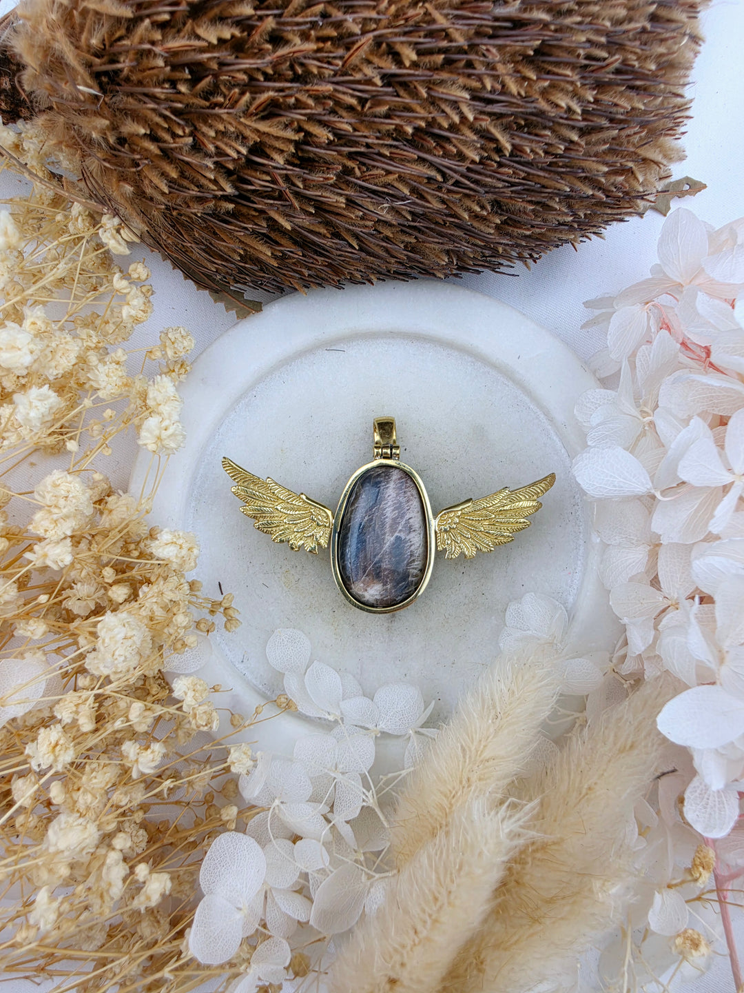 Black Moonstone Anahata Brass Pendant