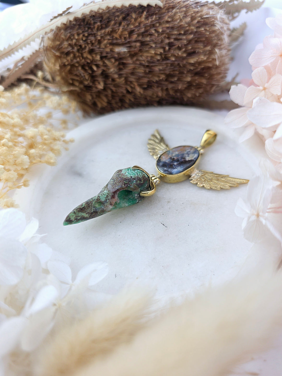 Chrysoprase Raven Skull with Opal Winged Brass Pendant