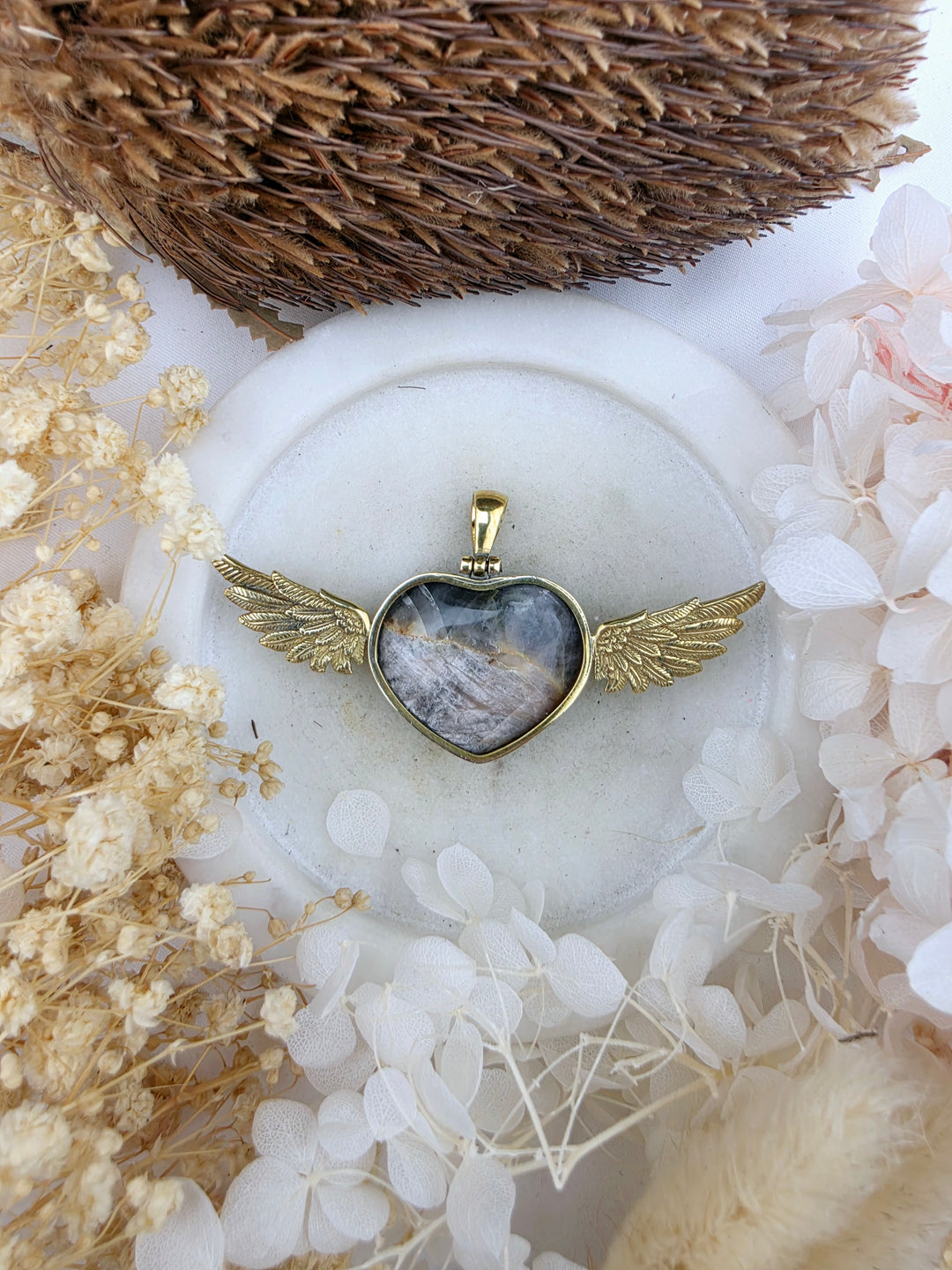 Black Moonstone Heart Anahata Brass Pendant