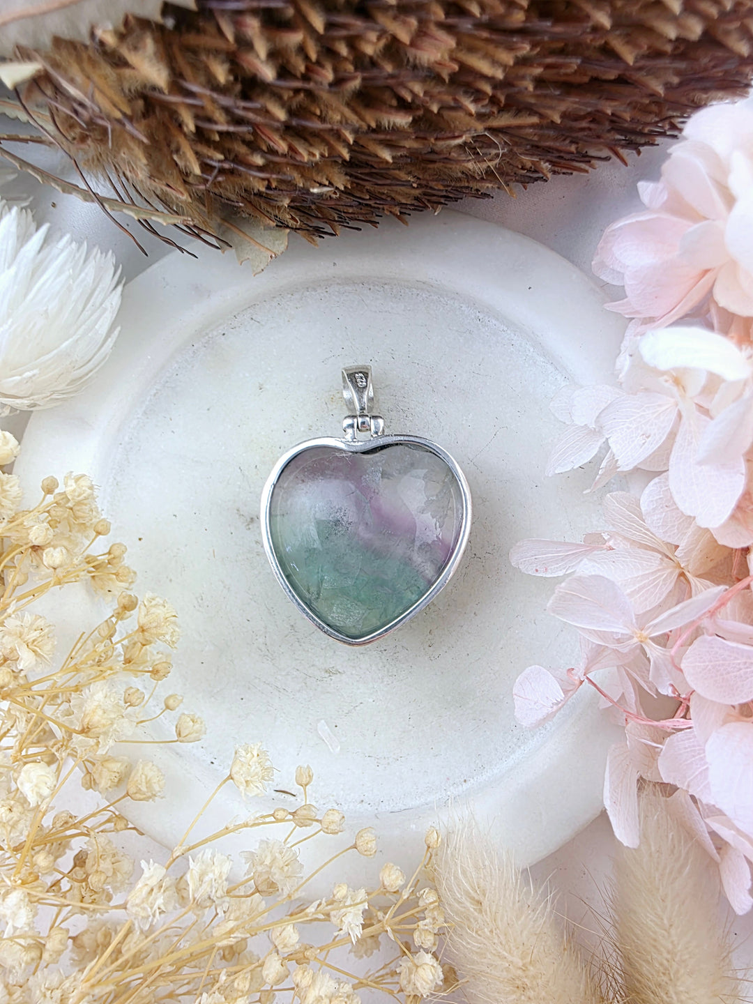 Rainbow Fluorite Heart Silver Pendant