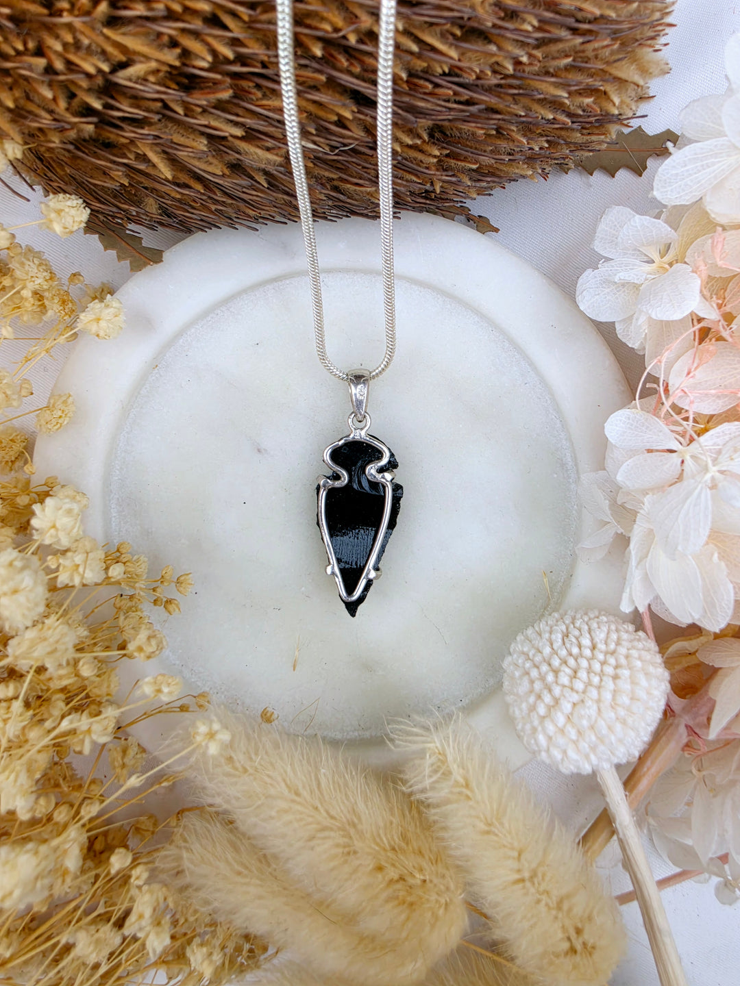 Black Obsidian Arrowhead Silver Pendant