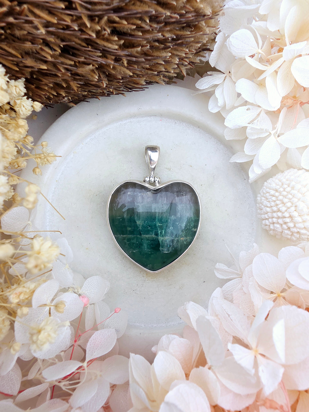 Rainbow Fluorite Heart Silver Pendant