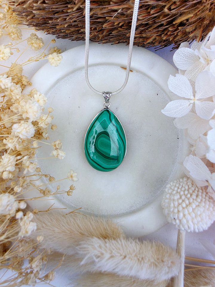 Malachite Silver Tear Drop Pendant — Transform & Rise