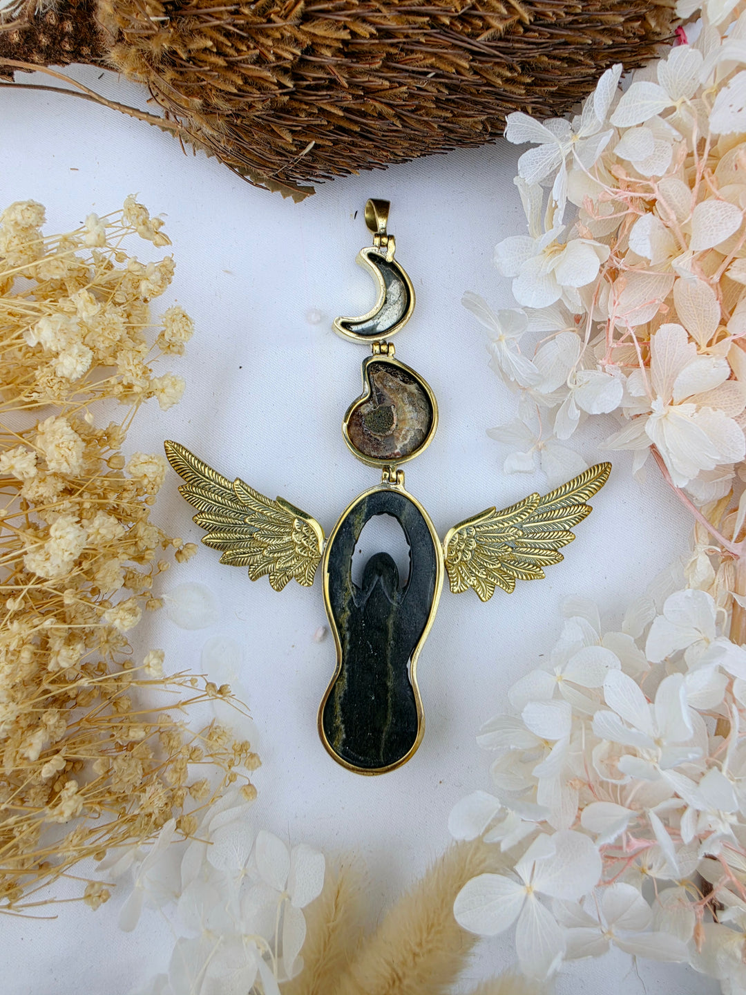 Pyrite, Ammonite & Bumble Bee Jasper Goddess Anahata Pendant