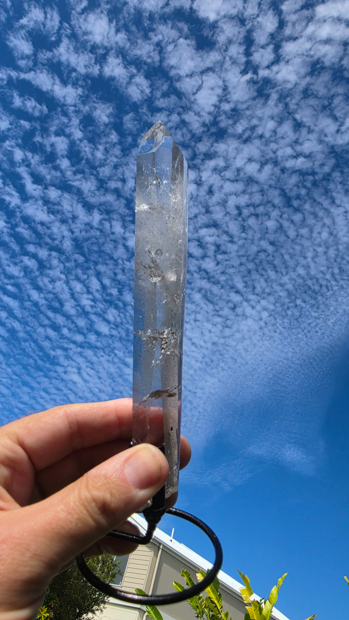 Lemurian with Black Chlorite Phantom Quartz with Metal Stand