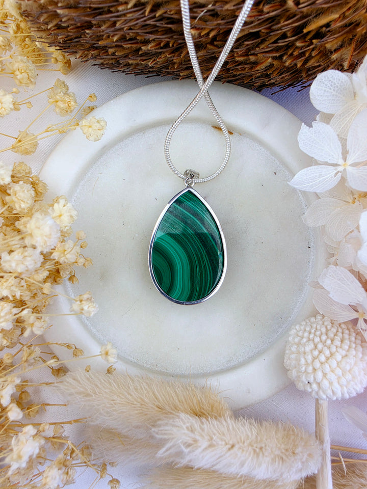 Malachite Silver Tear Drop Pendant — Transform & Rise