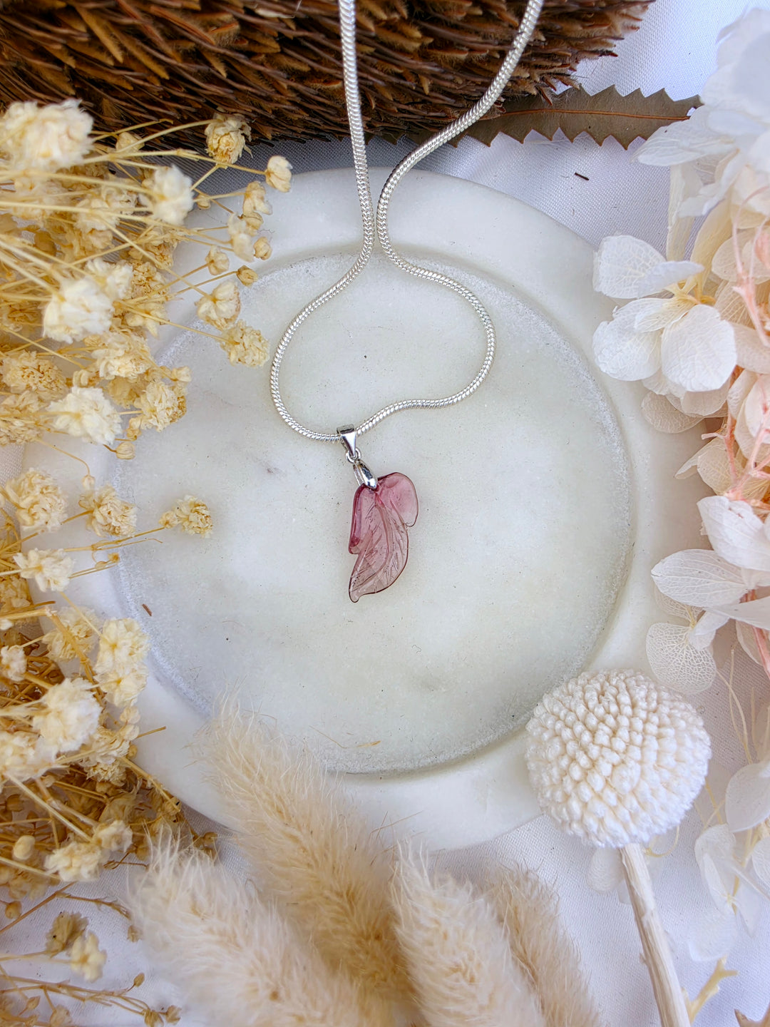 Pink Tourmaline Leaf Silver Pendant