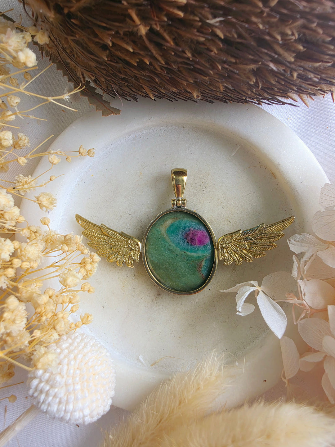 Ruby Fucshite Anahata Brass Pendant